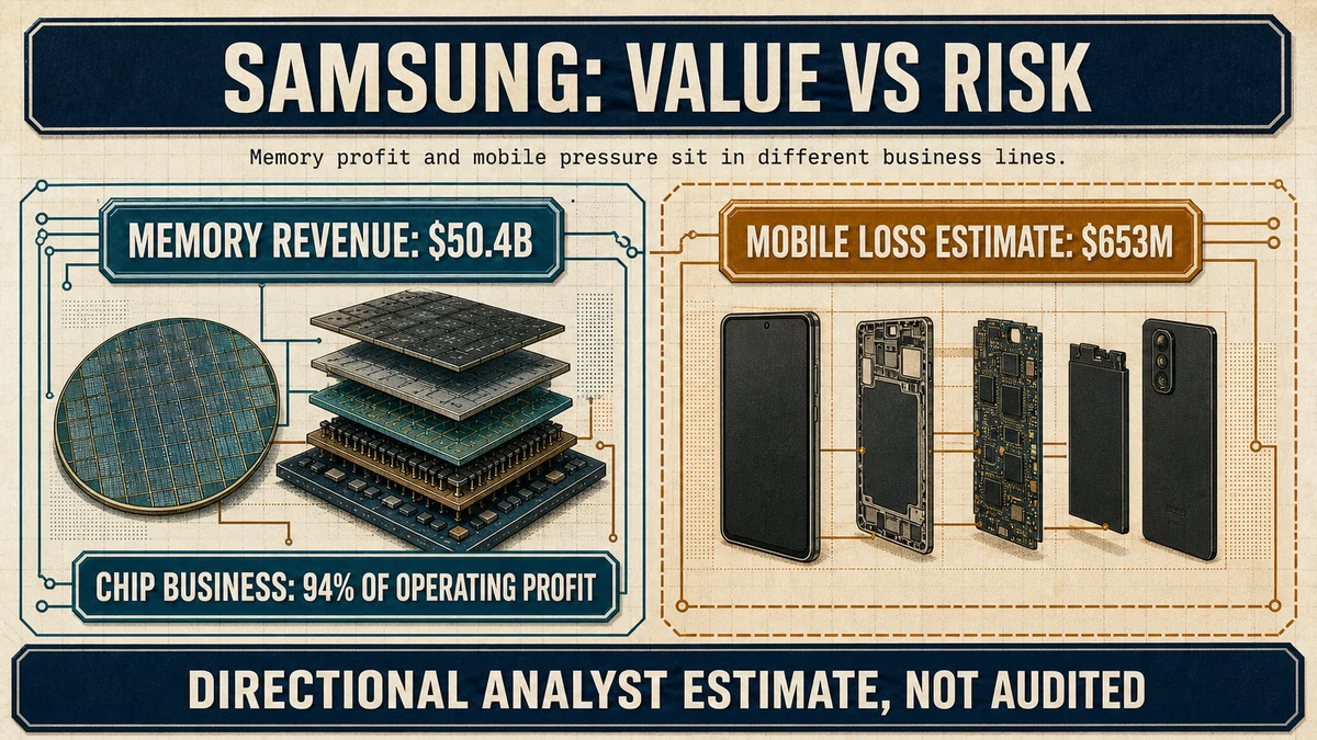 Split comparison of Samsung reported memory revenue and chip-profit contribution against a directional mobile-loss estimate.