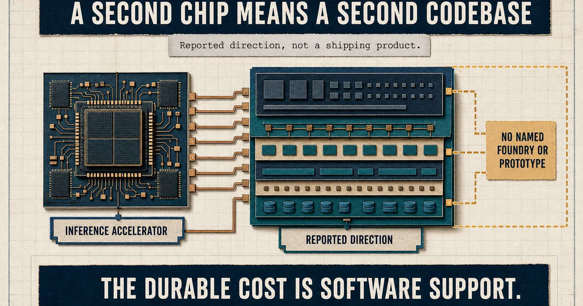 Engineering diagram linking a reported inference accelerator to a larger recurring software-support surface, with a conclusion that the durable cost is software support.