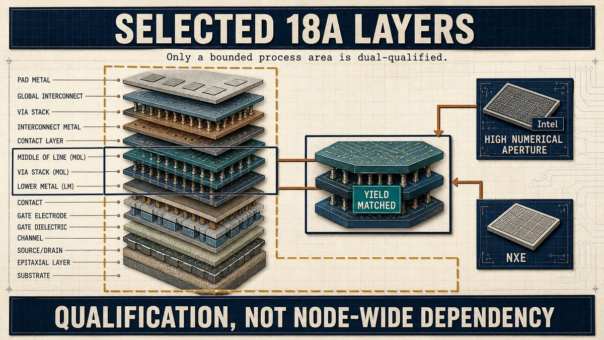 Layer-stack diagram showing selected Intel 18A layers with High-NA and NXE routes, separated from the rest of the node.