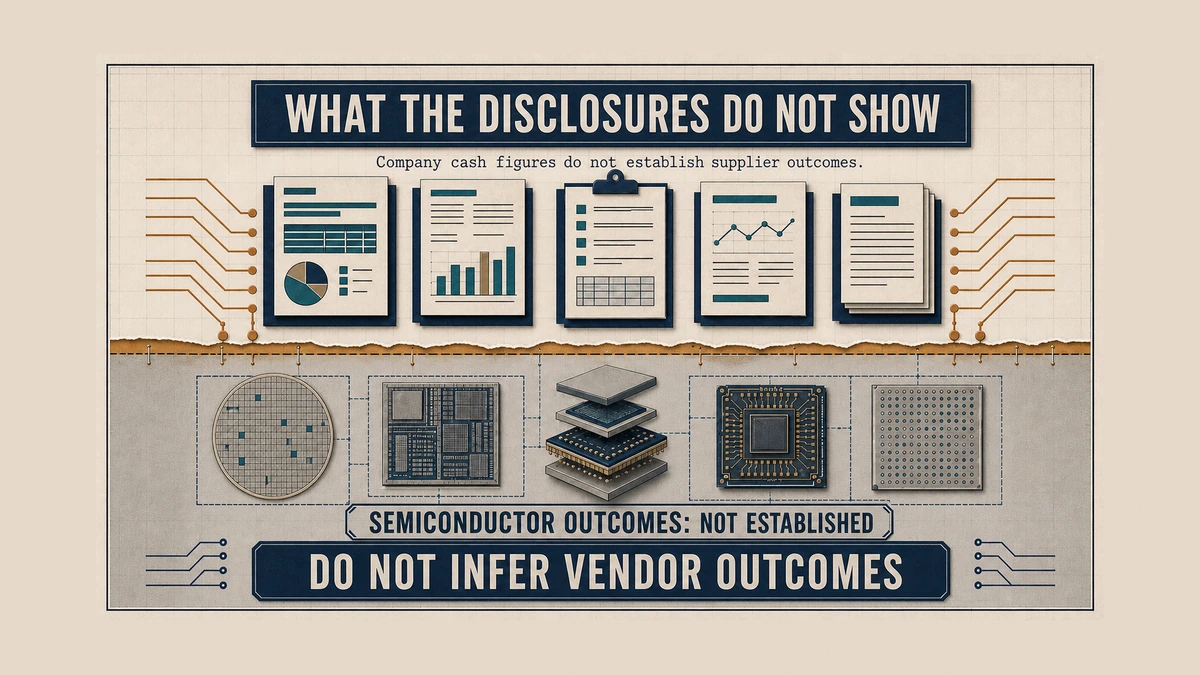 Top-bottom technical boundary diagram showing reported companywide cash disclosures above a boundary and semiconductor outcomes below marked not established, warning readers not to infer vendor outcomes.