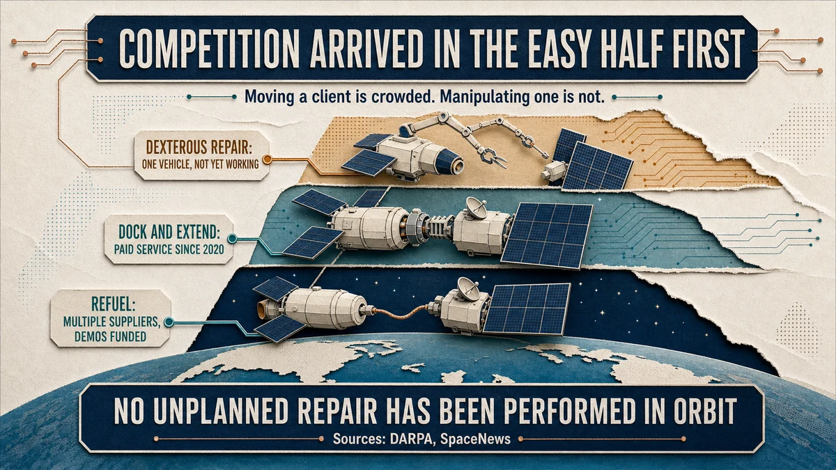 Three servicing rungs: refuelling with several suppliers, docking and life extension in paid service, and dexterous repair not yet performed.