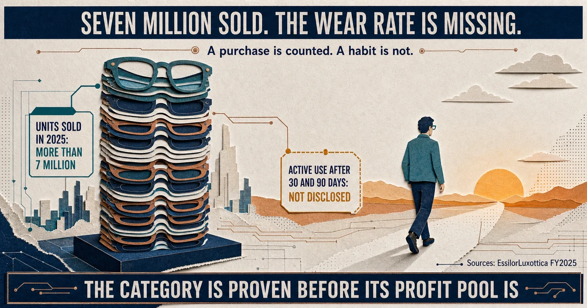 An evidence-led smart-glasses diagram separating disclosed sales from undisclosed active-use retention.
