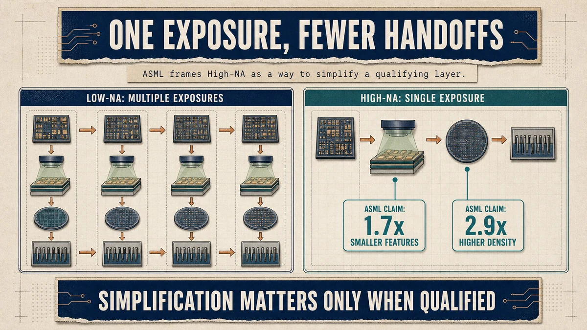 Split engineering comparison between Low-NA multiple exposures and a High-NA single exposure, with ASML performance claims and a qualification condition.