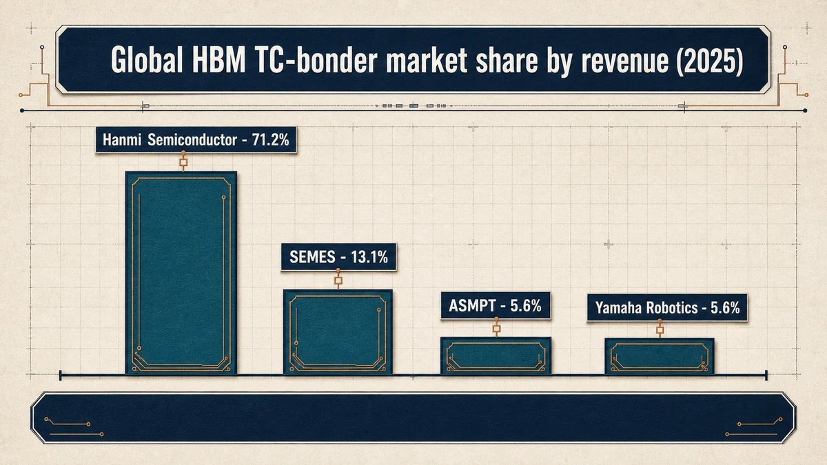 Bar chart of 2025 global HBM TC-bonder market share by revenue: Hanmi Semiconductor 71.2 percent towering over SEMES 13.1 percent, ASMPT 5.6 percent, and Yamaha Robotics 5.6 percent.