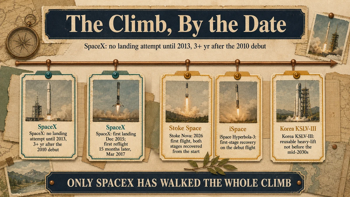 A card timeline on one axis showing SpaceX's landing and reflight milestones spaced across years, Stoke and iSpace bunched at flight one, and Korea's reusable heavy-lift target in the mid-2030s.