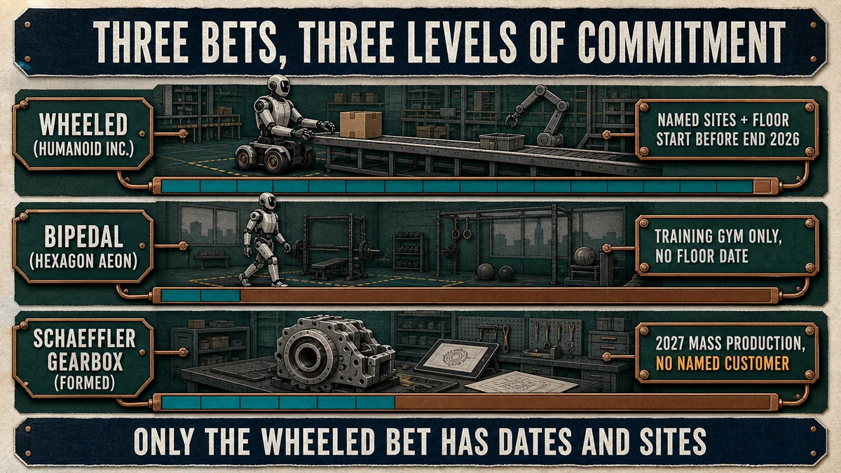 Three stacked lanes ranking Schaeffler's bets by commitment: a wheeled-robot lane reaching furthest with named sites and a 2026 floor start, a shorter bipedal lane marked training only, and a gearbox lane marked 2027 mass production with no named customer.