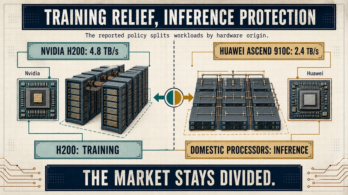 Split technical comparison of Nvidia H200 training hardware at 4.8 TB/s and Huawei Ascend 910C inference hardware at 2.4 TB/s, showing the reported workload boundary.