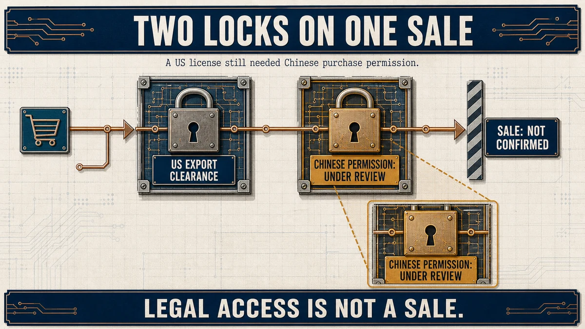 Technical mechanism diagram showing a transaction path blocked by separate US export clearance and Chinese permission locks, with the Chinese lock marked under review.
