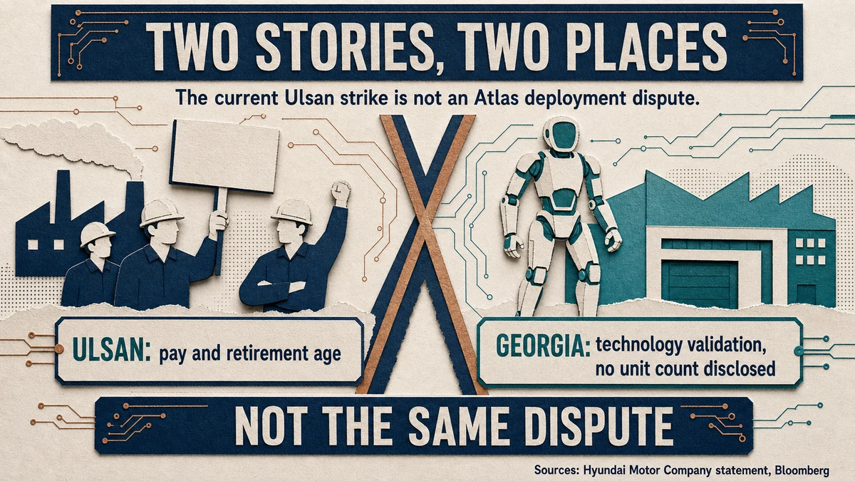 Split paper-cut comparison separating the Ulsan wage and retirement-age dispute from Atlas validation in Georgia.