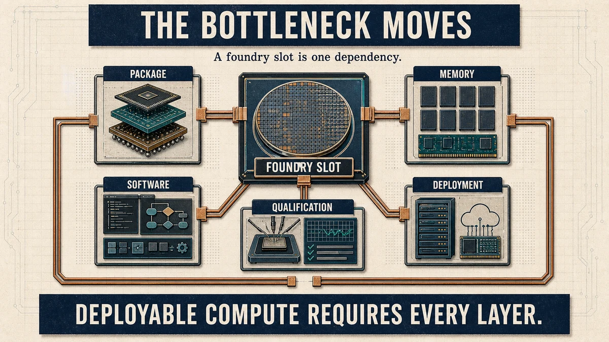 Radial technical dependency map with a foundry slot at the center and package, memory, software, qualification and deployment around it.