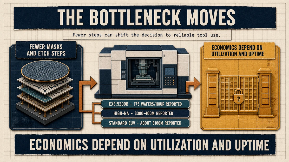 Three-stage process diagram showing fewer patterning steps leading to concentrated High-NA tool cost and an unresolved utilization and uptime gate.