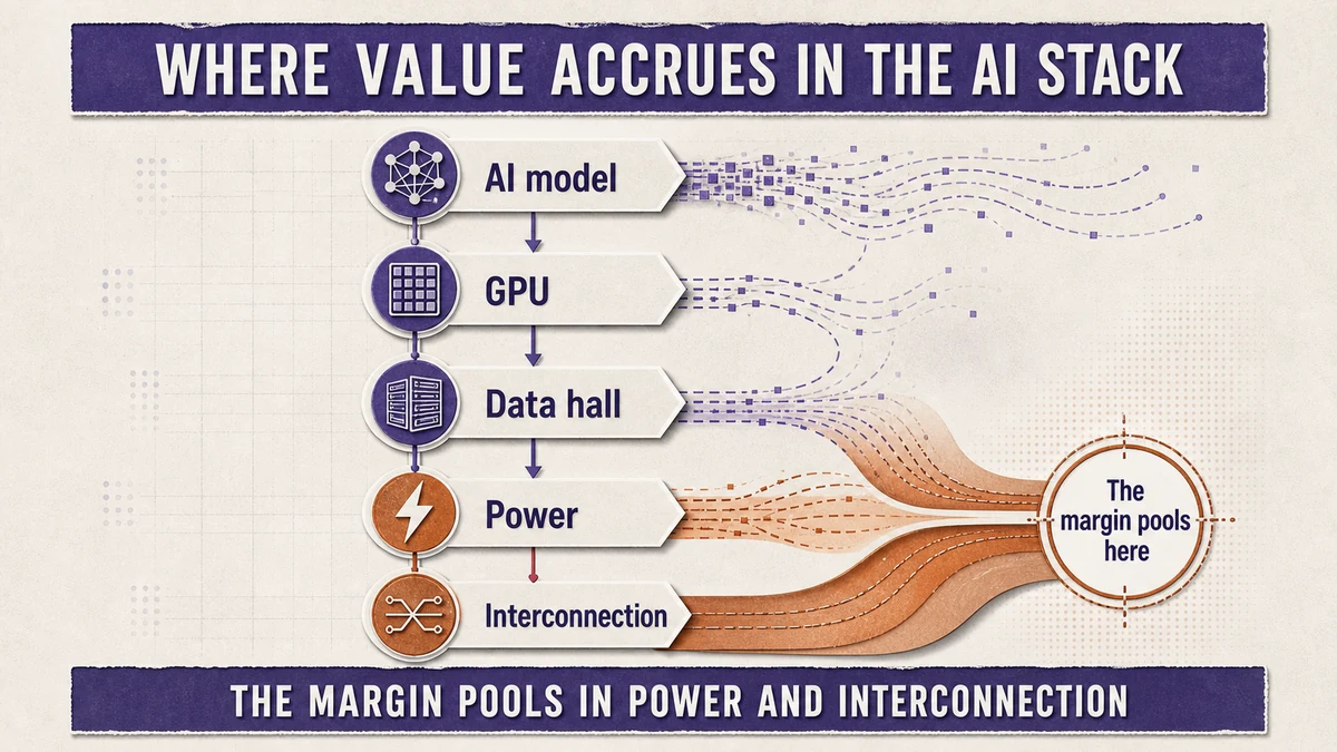 A descending chain from AI model down through GPU, data hall, power and interconnection, with a copper value band thickening at the lower layers.
