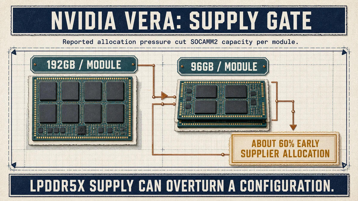 Inset module diagram labeled Nvidia Vera, showing a reported SOCAMM2 capacity change from 192GB to 96GB per module and about 60 percent early supplier allocation.