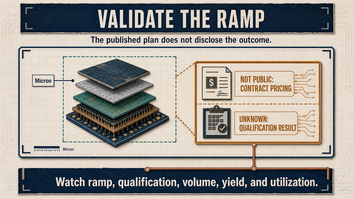 Inset boundary diagram showing that Micron's announced wafer supply commitment has undisclosed contract pricing and unproven qualification and ramp outcomes.