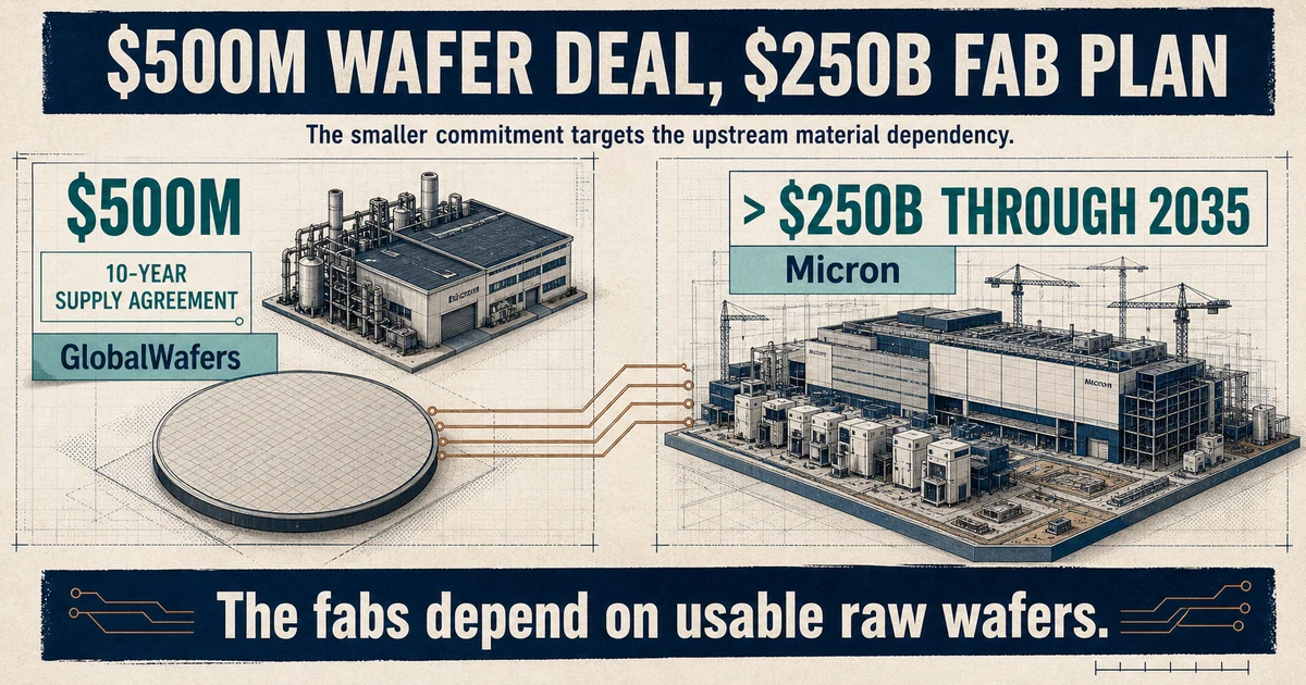 Engineering comparison of Micron's $500 million wafer deal and its planned US fab investment exceeding $250 billion through 2035, linked by usable raw wafers.