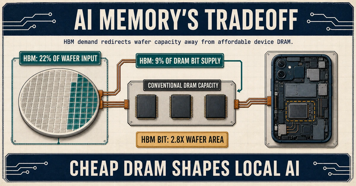 Engineering diagram linking HBM wafer allocation to constrained conventional DRAM and a phone memory limit.