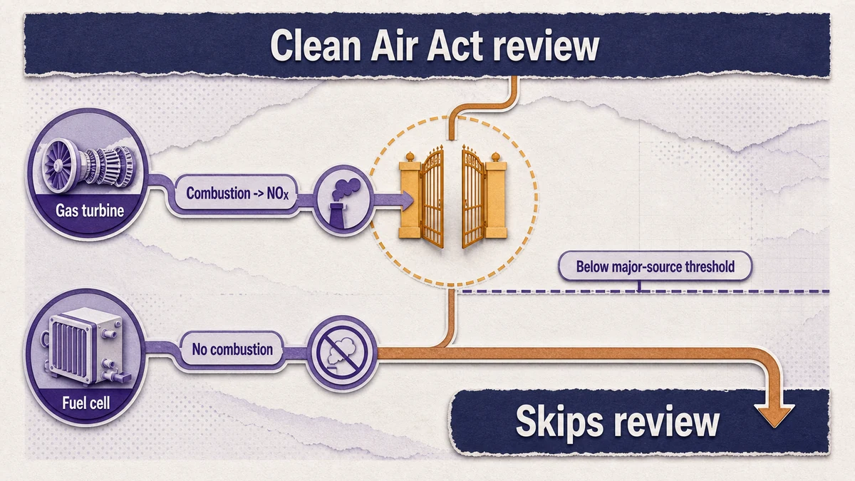 A left-right diagram: a gas-turbine path branches through combustion and NOx into a Clean Air Act review gate held open in amber, while a fuel-cell path with no combustion passes under a major-source threshold line and clears through an unblocked copper connector.