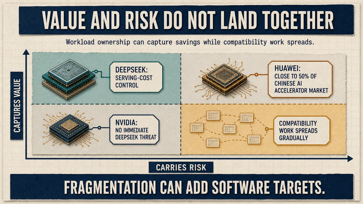 Two-axis matrix comparing value capture and risk burden for DeepSeek, Huawei, and Nvidia, with Huawei close to 50 percent of the Chinese AI accelerator market and no immediate DeepSeek threat to Nvidia.