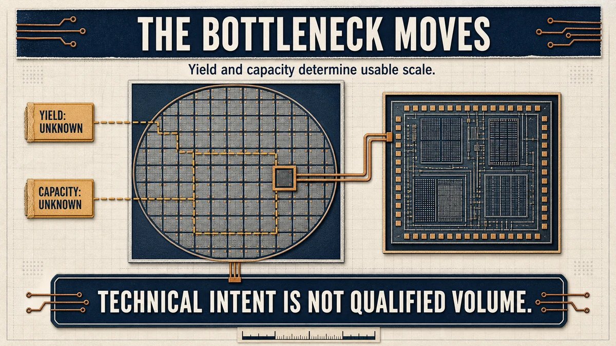 Wafer-map engineering figure with a magnified die inset and amber labels stating that yield and capacity are unknown.